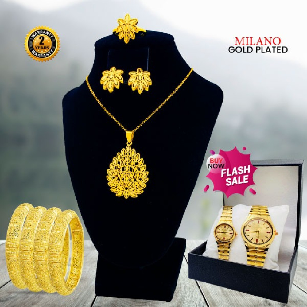 Lumax Combo Offer, Milano Fashionable Gold Plated Necklace Set, 4 Pcs  Bangles, With Stylish Analog Pair Watch, M33