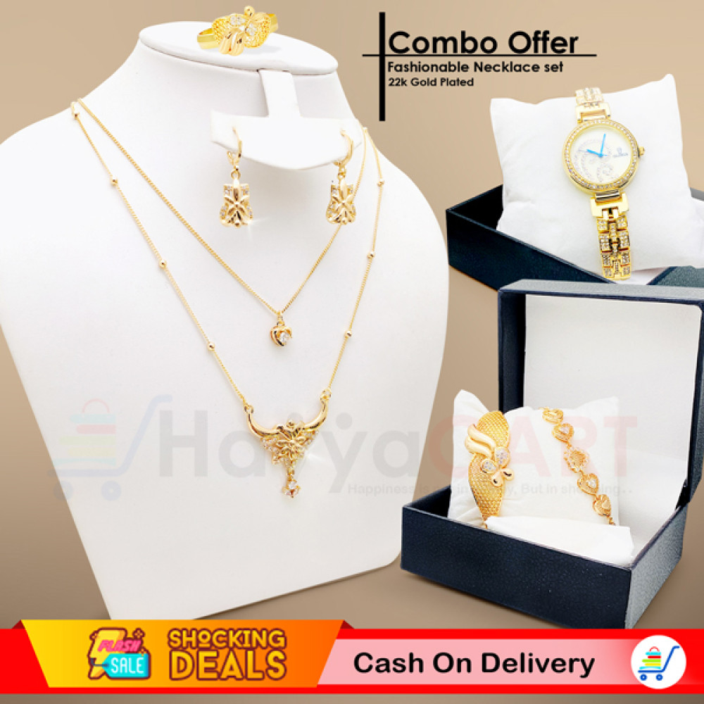 Lumax Combo Offer, Milano Fashionable Gold Plated Crystal Stone 2 Layer Necklace Set, Crystal Stone Bangles, Crystal Stone Ring Crystal Stone Bracelet With Stylish Analog Watch, LX02