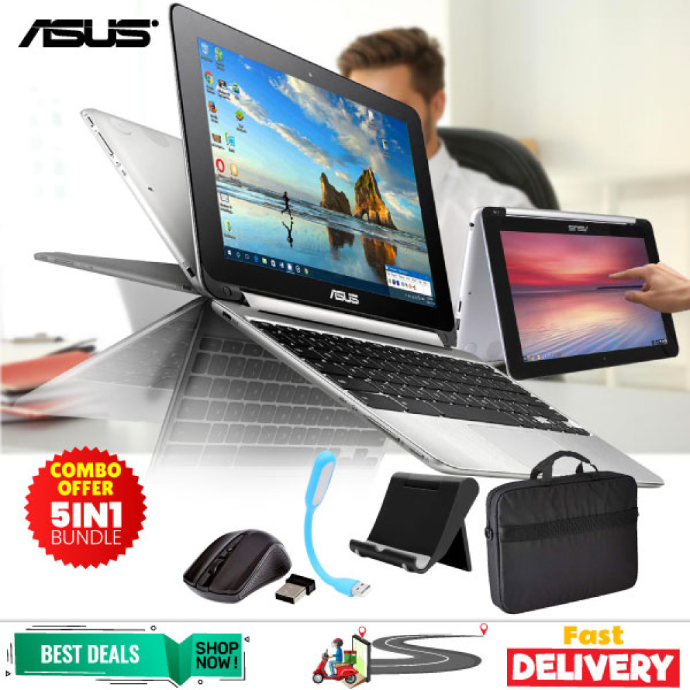 5 In 1 Bundle Offer, Asus Flip C100p Chromebook 10.1 Inch Touch 360 Display 4gb Ram 16gb Refurbished, With Laptop Bag, Led Lamb, Mouse, Mobile Stand