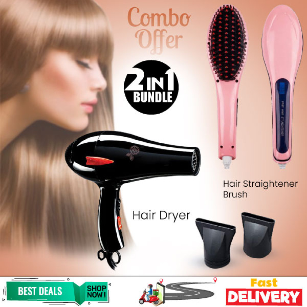 2 In 1 Combo, Professional Lcd Display Fast Hair Straightener Brush, E Mart Hair Drayer, DR20