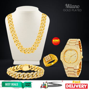 4 In 1 Combo Offer, Heavy High Quality Hip Hop Gold Plated stone Watch, Chain, Bracelet, Ring, G103