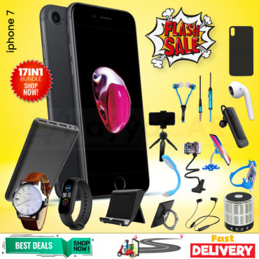 17 In 1 Offer, iPhone 7, 32GB, Powerbank,163 Bluetooth,yazol Watch,single I7,C200 Headset,bed Holder, Stand, Selfi Stand, Zipper,led Watch,ring Holder,ok Stand, Speaker,selfi,mp3,cover, I7