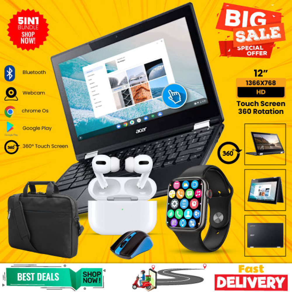 5 In 1 Combo Offer, Acer Chromebook, Touch Screen 360 Display 4gb Ram , With Laptop Bag, Mouse,I7 Plus Smart Watch, Air Pro 3 Bluetooth In-Ear Earbuds, AC900