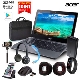 10 In 1 Bundle Offer, Acer C740 Chromebook, 4GB Ram, 16 GB Ssd, 12 Inch Screen, Laptop Bag, 3 Port Power Bank, Laptop Speaker, Mobile Stand, Wireless Mouse, Maxon Headset, USB LED Light, Selfi Stick, LED Band Watch, ARX