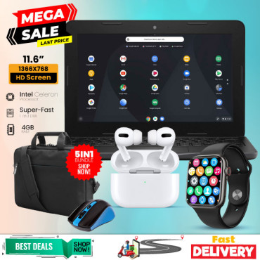5 In 1 Combo Offer, Dell Chromebook, 4GB Ram, With Laptop Bag, Mouse,I7 Plus Smart Watch, Air Pro 3 Bluetooth In-Ear Earbuds, DL900