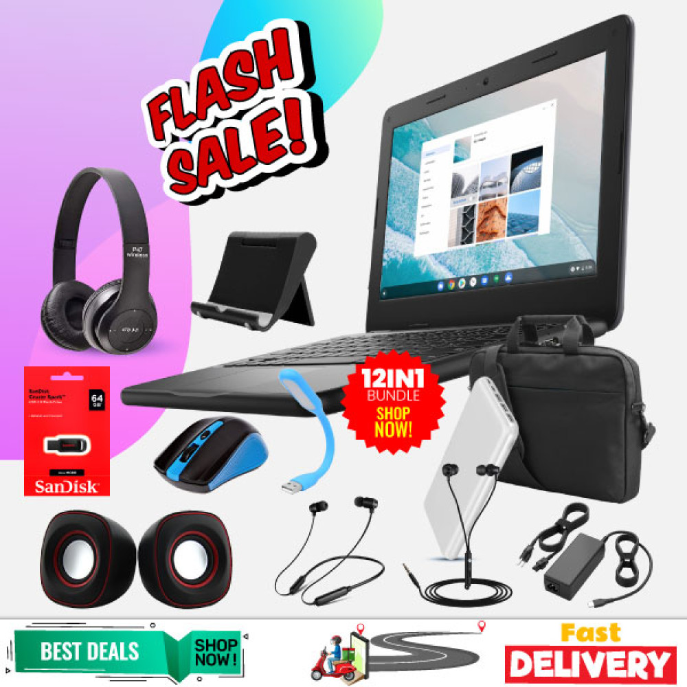 12 In 1 Bundle Offer, Dell Chromebook, 4GB Ram, With Laptop Bag, 3 Port Power Bank, B luetooth Headphone, Laptop Speaker, Mobile Stand, Mouse, Maxon Headset, USB LED Light, Sandisk Flash Drive 64GB, Wired Headphone, Charger, DLNM