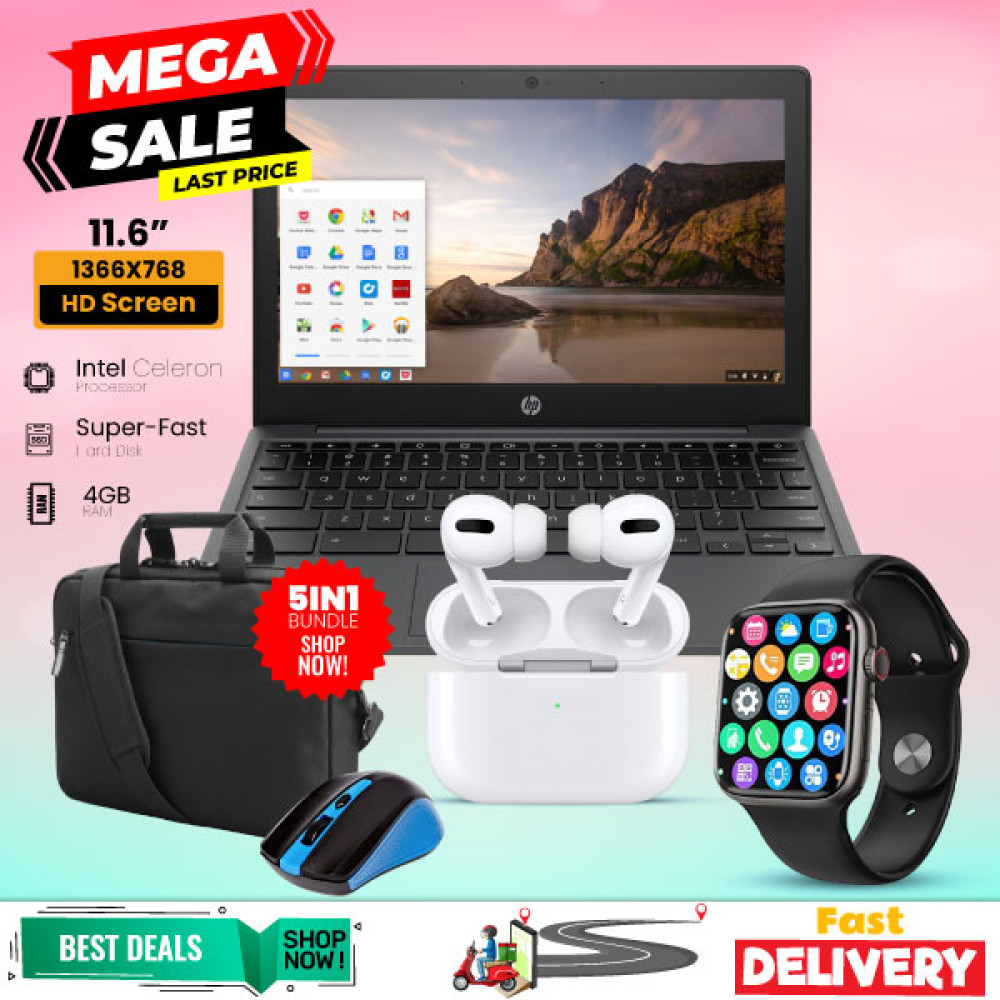 5 In 1 Combo Offer, HP Chromebook, 4GB Ram, With Laptop Bag, Mouse,I7 Plus Smart Watch, Air Pro 3 Bluetooth In-Ear Earbuds, HP900