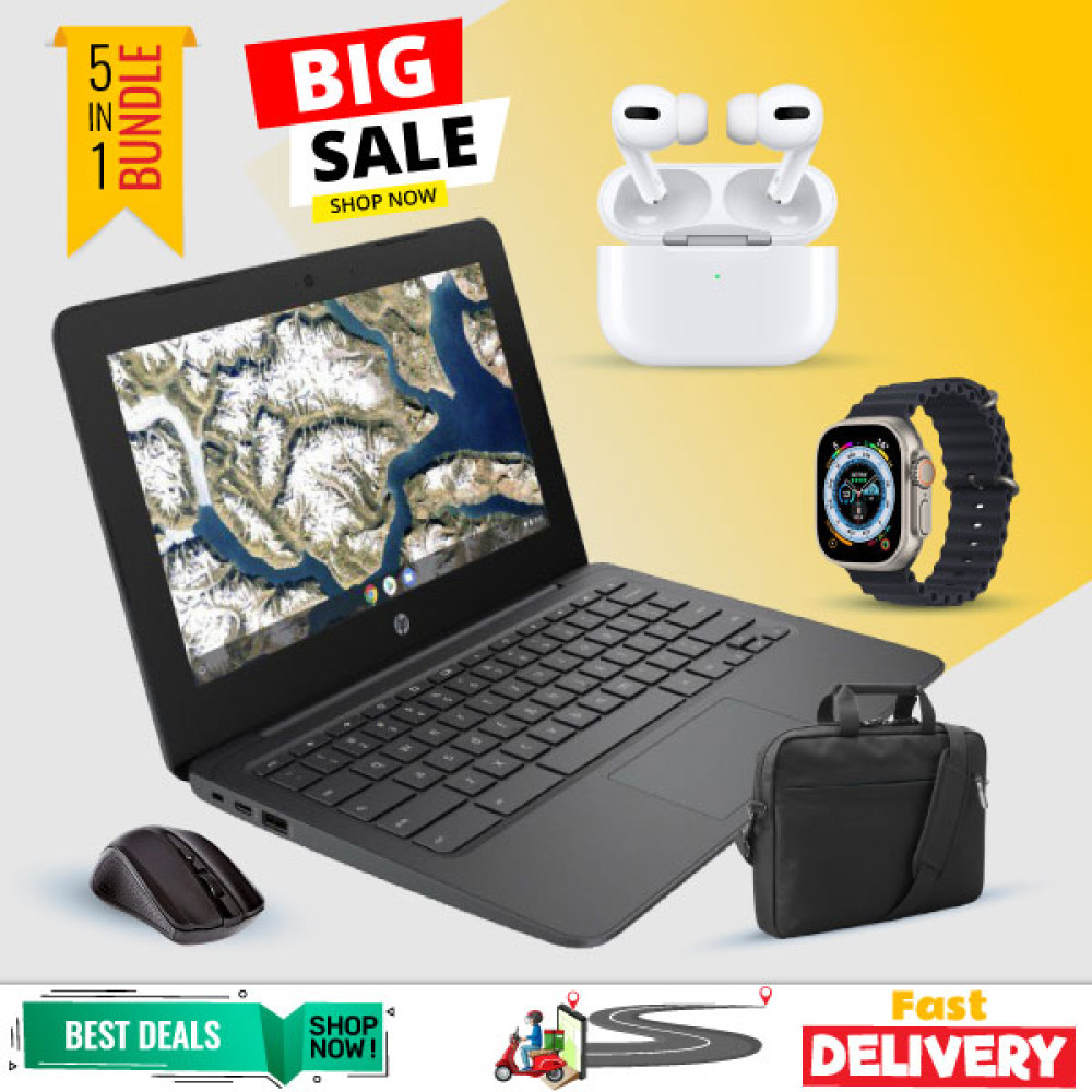 5 In 1 Combo Offer, HP Chromebook, 4GB Ram, With Laptop Bag, Mouse,I7 Ultra Smart Watch, Air Pro 3 Bluetooth In-Ear Earbuds, HP950
