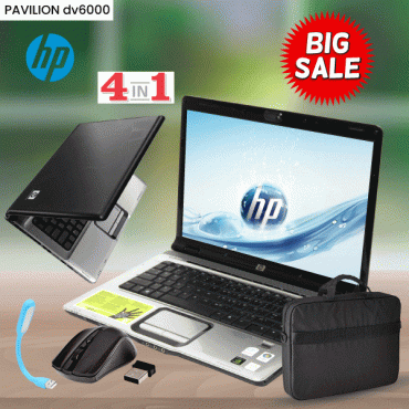 4 In 1 Bundle Offer, Hp Pavilion Dv6000 Refurbished Laptop 4gb 250gb 15.4 Inch,  Wireless Optical Mouse, Compact Laptop Bag, Portable Usb Led Lamp