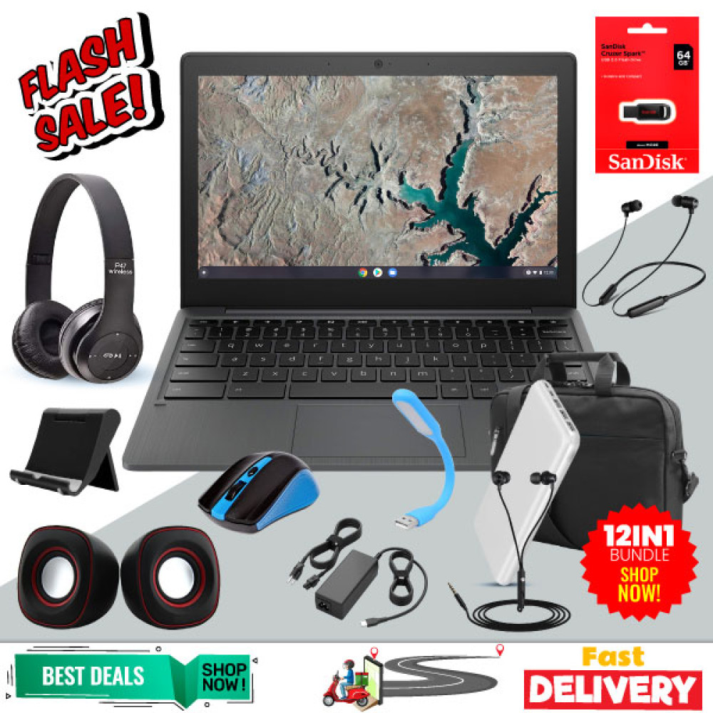 12 In 1 Combo Offer, HP Chromebook, 4GB Ram, With Laptop Bag, 3 Port Power Bank, B luetooth Headphone, Laptop Speaker, Mobile Stand, Mouse, Maxon Headset, USB LED Light, Sandisk Flash Drive 64GB, Wired Headphone, Charger, HPNM