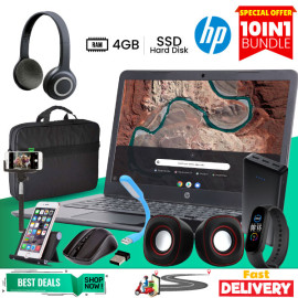 10 In 1 Bundle Offer, HP Chromebook, 4GB Ram, 16 GB Ssd, 12 Inch Screen, Laptop Bag, 3 Port Power Bank, Laptop Speaker, Mobile Stand, Wireless Mouse, Maxon Headset, USB LED Light, Selfi Stick, LED Band Watch, HPX