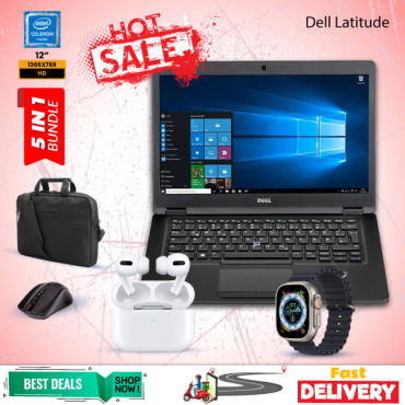 5 In 1 Bundle Offer, Dell Latitude 3180 Laptop 4GB, 64GB, Windows 10, With Laptop Bag, Mouse,I7 Plus Smart Watch, Air Pro 3 Bluetooth In-Ear Earbuds, L3180