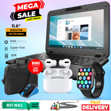 5 In 1 Combo Offer, Lenovo Chromebook, 4GB Ram, With Laptop Bag, Mouse,I7 Plus Smart Watch, Air Pro 3 Bluetooth In-Ear Earbuds, LV900