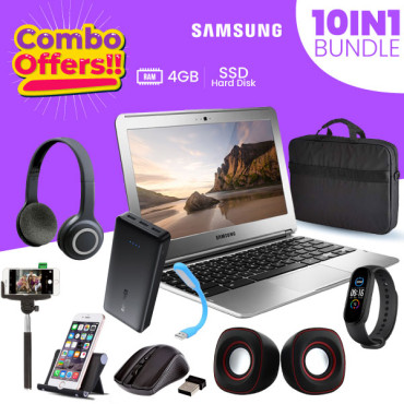 10 In 1 Bundle Offer, Samsung Chromebook, 4GB Ram, 16 GB Ssd, 12 Inch Screen, Led Light, Power Bank, Mobile Holder, Selfie Stick, Bluetooth Headsets, Band Watch, Double Earpod, Wireless Mouse, Headset
