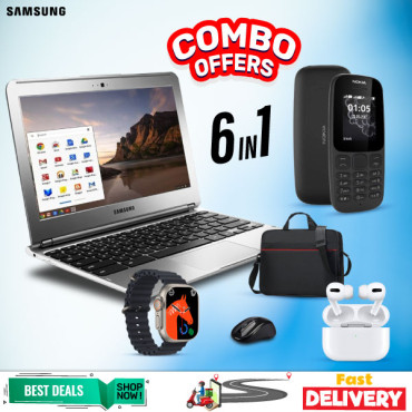 6 In 1 Bundle Offer, Samsung Chromebook 4GB Ram, 11.6 Inch Screen With, Smart Phone, Laptop Bag, Smart Watch, AirPods, Mouse, SM8