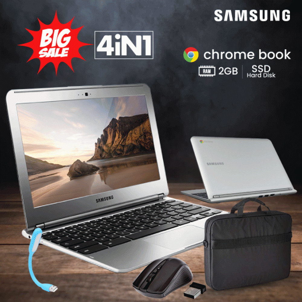 4 IN 1 BUNDLE OFFER, SAMSUNG CHROMEBOOK, A01US, EXYNOS 5 DUAL PROCESSOR, 2GB RAM, 16GB SSD, 11.6 INCH SCREEN, WIRELESS OPTICAL MOUSE, COMPACT LAPTOP BAG, PORTABLE USB LED LAMP, AS32
