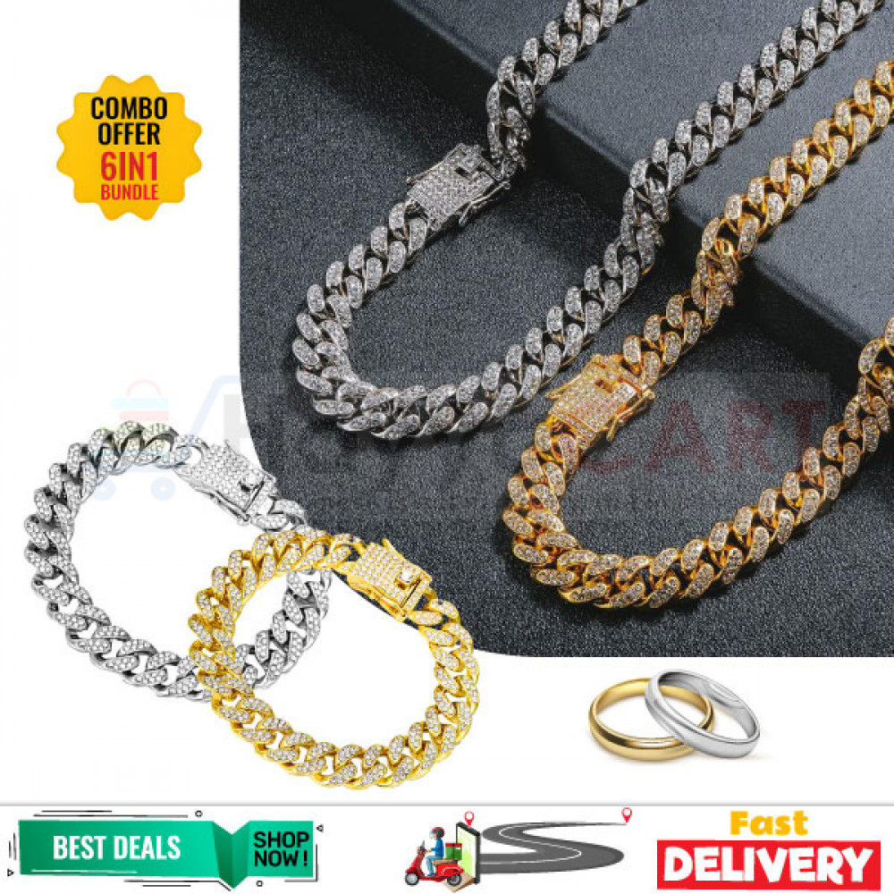 6 In 1 Combo Offer, Heavy High Quality Hip Hop Gold Plated Stone Watch, Chain, Bracelet, Ring, Heavy High Quality Hip Hop Silver Plated Stone Watch, Chain, Bracelet, Ring, BR900