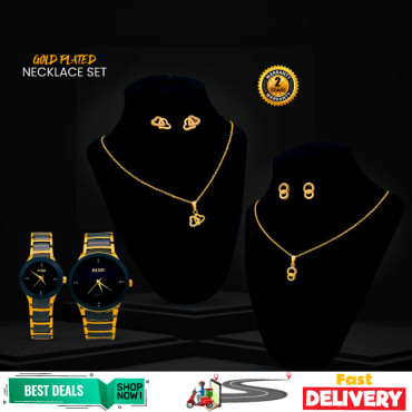 3 In Offer, 2 Pcs  Fashionable Gold Plated Crystal Stone Necklace Set, With Stylish Analog Pair Watch, LX16
