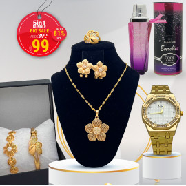Combo Offer, Milano Fashionable Gold Plated Crystal Stone Necklace Set, Crystal Stone Bangles, Crystal Stone Ring Crystal Stone Bracelet With Stylish Analog Watch, Evershine Pour Home Hot Collection Perfume, LX30