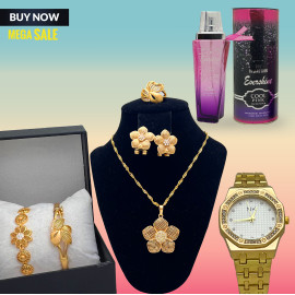 Combo Offer, Milano Fashionable Gold Plated Crystal Stone Necklace Set, Crystal Stone Bangles, Crystal Stone Ring Crystal Stone Bracelet With Stylish Analog Watch, Evershine Pour Home Hot Collection Perfume, LX30