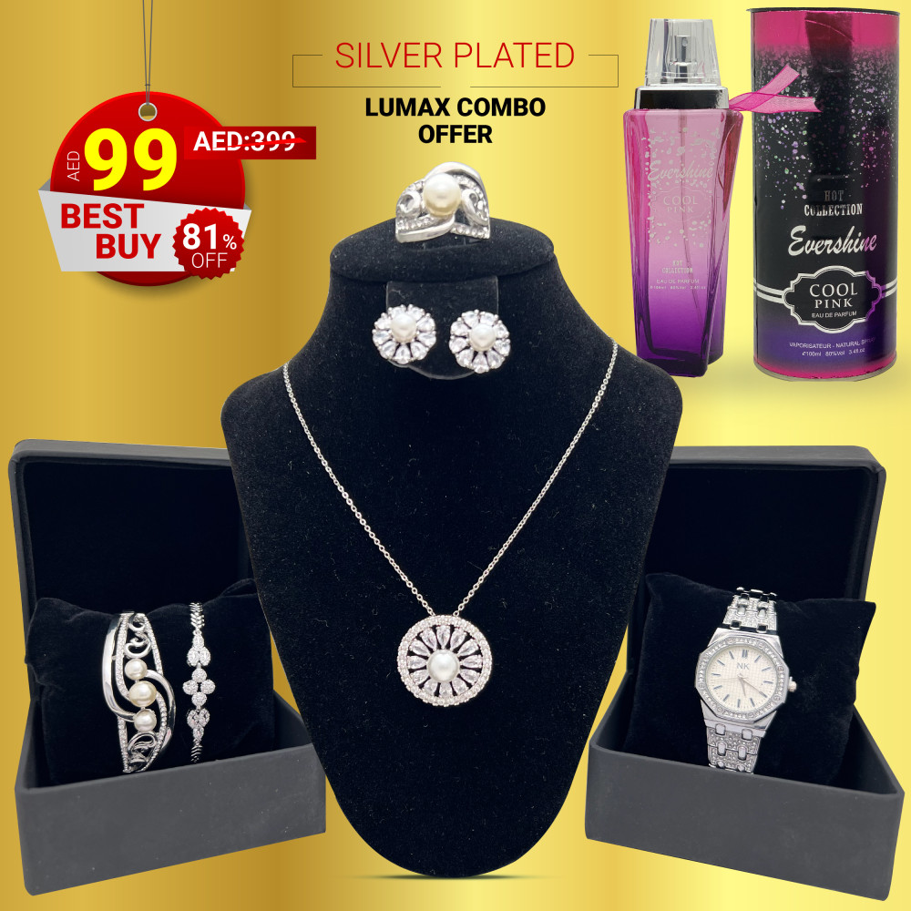 Combo Offer, Milano Fashionable Silver Plated Crystal Stone Necklace Set, Crystal Stone Bangles, Crystal Stone Ring Crystal Stone Bracelet With Stylish Analog Watch, Evershine Pour Home Hot Collection Perfume, LX40