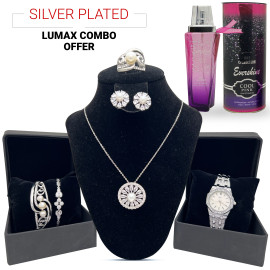 Combo Offer, Milano Fashionable Silver Plated Crystal Stone Necklace Set, Crystal Stone Bangles, Crystal Stone Ring Crystal Stone Bracelet With Stylish Analog Watch, Evershine Pour Home Hot Collection Perfume, LX40