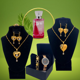 Lumax Combo Offer, 2 Pcs Milano Fashionable Gold Plated Crystal Stone Necklace Set, Crystal Stone Bangles, Stylish Analog Pair Watch, With Evershine Pour Home Hot Collection Perfume, LX15
