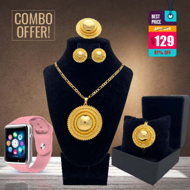 2 In1 Combo, Milano New Fashion Ethiopian Jewelry Set Pendant Necklace Set Fashion Circle Design Gold Color, Lenosed L2 Camera Smart Mobile Watch, E40