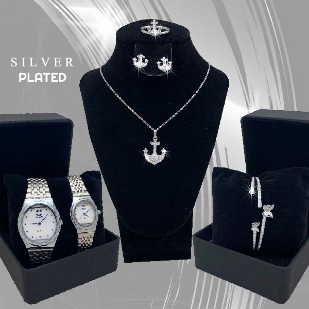 Silver Combo Offer, Milano Fashionable Silver Plated Necklace Set, Bangles, Ring, With Stylish Analog Pair  Watch, SL12