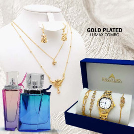 Combo Offer, Milano Fashionable Gold Plated Crystal Stone 2 Layer Necklace Set, Quartz Watch & Bracelet Set Stylish Elegant Jewelry 4 Pcs Set, With 2 Pcs Perfumes, LX28