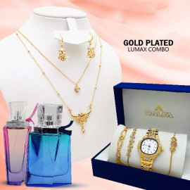 Combo Offer, Milano Fashionable Gold Plated Crystal Stone 2 Layer Necklace Set, Quartz Watch & Bracelet Set Stylish Elegant Jewelry 4 Pcs Set, With 2 Pcs Perfumes, LX28