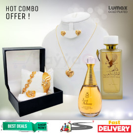 Lumax Combo Offer, Milano Fashionable Gold Plated Crystal Stone Necklace Set, Crystal Stone Bangles, Crystal Stone Ring Crystal Stone Bracelet With 2 Pcs Perfumes, HT30