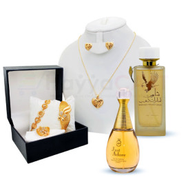 Lumax Combo Offer, Milano Fashionable Gold Plated Crystal Stone Necklace Set, Crystal Stone Bangles, Crystal Stone Ring Crystal Stone Bracelet With 2 Pcs Perfumes, HT30