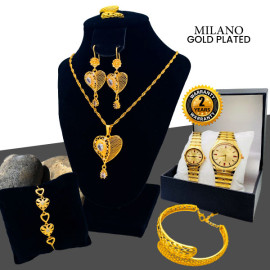 Lumax Combo Offer, Milano Fashionable Gold Plated Crystal Stone Necklace Set, Crystal Stone Bangles, Crystal Stone Ring Crystal Stone Bracelet With Stylish Analog Pair Watch, LX14
