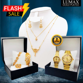 Lumax Combo Offer, Milano Fashionable Gold Plated Crystal Stone 2 Layer Necklace Set, Crystal Stone Bangles, Crystal Stone Ring Crystal Stone Bracelet, With Stylish Analog Pair Watch, LX24