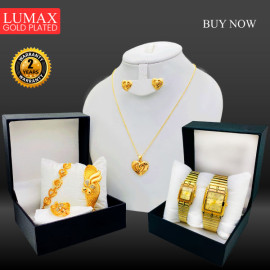 Lumax Combo Offer, Milano Fashionable Gold Plated Crystal Stone Necklace Set, Crystal Stone Bangles, Crystal Stone Ring Crystal Stone Bracelet With Stylish Analog Square Pair Watch, LX32