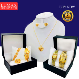 Lumax Combo Offer, Milano Fashionable Gold Plated Crystal Stone Necklace Set, Crystal Stone Bangles, Crystal Stone Ring Crystal Stone Bracelet With Stylish Analog Square Pair Watch, LX32
