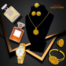 Combo Offer, Milano Fashionable Gold Plated Necklace Set, Quartz Watch & BAngle Set, With 2 Pcs Perfumes, LX38