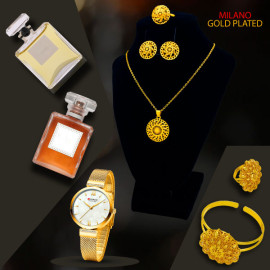 Combo Offer, Milano Fashionable Gold Plated Necklace Set, Quartz Watch & BAngle Set, With 2 Pcs Perfumes, LX38
