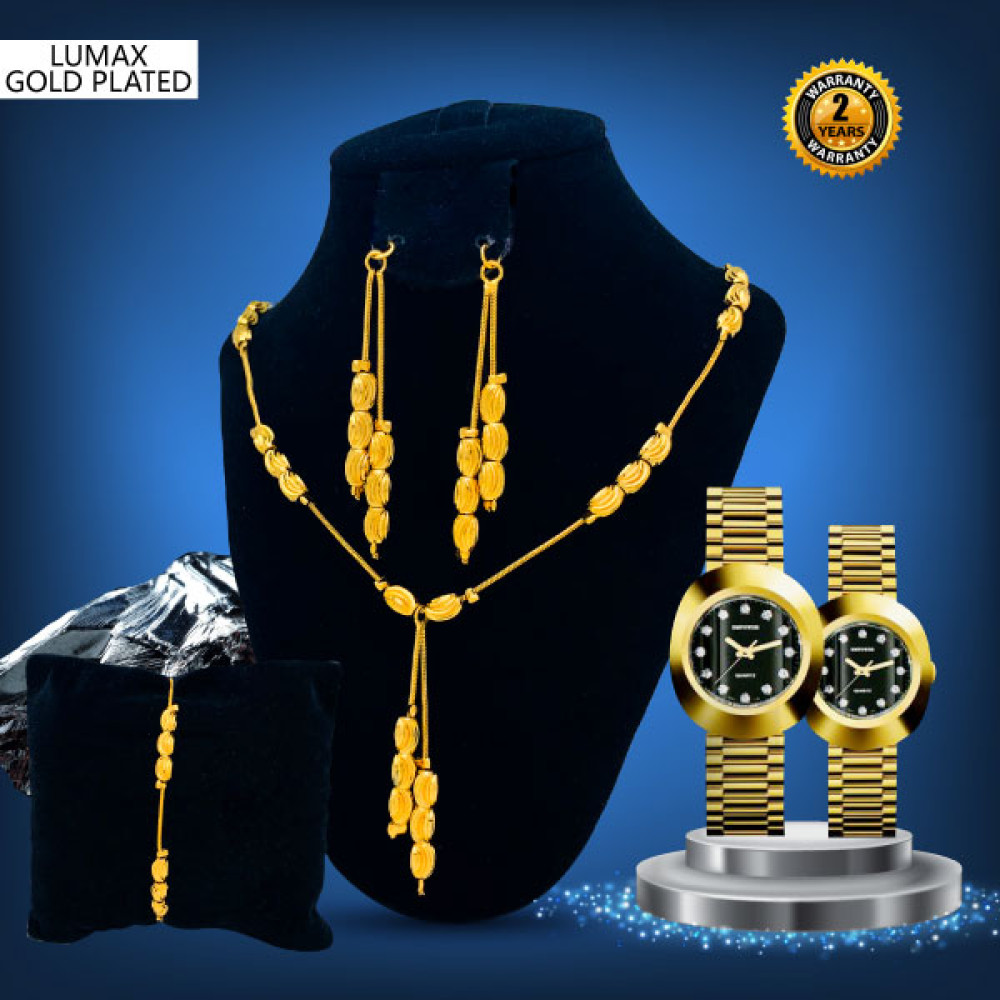 Lumax Combo Offer, Milano Fashionable Gold Plated Crystal Stone Necklace Set, Crystal Stone Bangles, Crystal Stone Ring Crystal Stone Bracelet With Stylish Analog Pair Watch, LX42