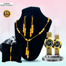 Lumax Combo Offer, Milano Fashionable Gold Plated Crystal Stone Necklace Set, Crystal Stone Bangles, Crystal Stone Ring Crystal Stone Bracelet With Stylish Analog Pair Watch, LX42