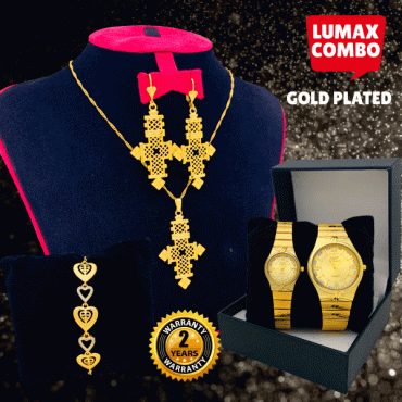 3 In 1 Combo Offer, Milano New Fashion Gold Plated Necklace Set, Crystal Stone Gold Plated Bracelet, Stylish Analog Pair Watch, LX10