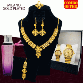 8 IN 1 Combo Offer, Milano Fashionable Gold Plated Necklace Set, Fashionable Gold Plated Bangles, Stylish Analog Pair Watch, With Evershine Pour Home Hot Collection Perfume, LX80