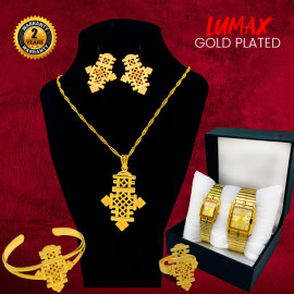 6 In 1 Offer, Milano New Fashion Gold Plated Necklace Set, Gold Plated Bracelet, Gold Plated Bangles, Earrings, Ring With Pair Watch, M301