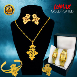 6 In 1 Offer, Milano New Fashion Gold Plated Necklace Set, Gold Plated Bracelet, Gold Plated Bangles, Earrings, Ring With Pair Watch, M301