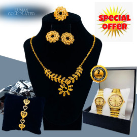 Combo Offer, Milano Fashionable Gold Plated Crystal Stone Necklace Set, Crystal Stone Bracelet With Stylish Analog Pair Watch, ML12