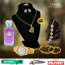 Combo Offer, Milano Fashionable Gold Plated Crystal Stone Necklace Set, 2 Pcs Gold Plated Bangles, Gold Plated Bracelet, Stylish Analog Stone Watch, With Perfume, ML15