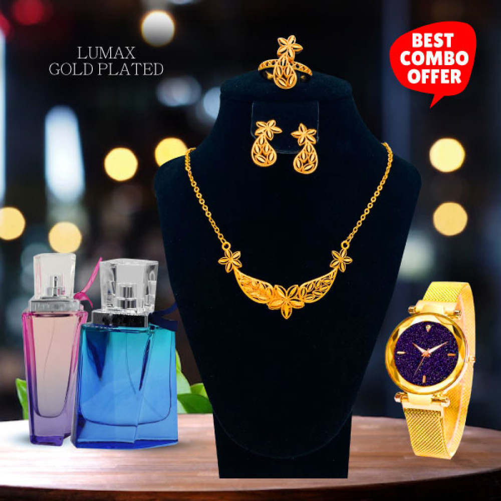 Combo Offer, Milano Fashionable Gold Plated Necklace Set, Stylish Analog Magnet  Watch, With 2 Pcs Evershine Pour Home Hot Collection Perfume, ML28