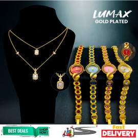 5 In 1 Combo, Gold Plated Crystal Stone Necklace Set, 4 Pcs Analog Crystal Stone Ladies Watch, WA70