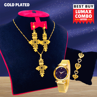 3 In 1 Combo Offer, Milano New Fashion Gold Plated Necklace Set, Crystal Stone Gold Plated Bracelet, Stylish Analog Magnet Watch, ML40